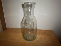 Clear-blue/green Glass Wine Carafe 10&Prime; Vtg Paul Masson Since 1852, bldg on front