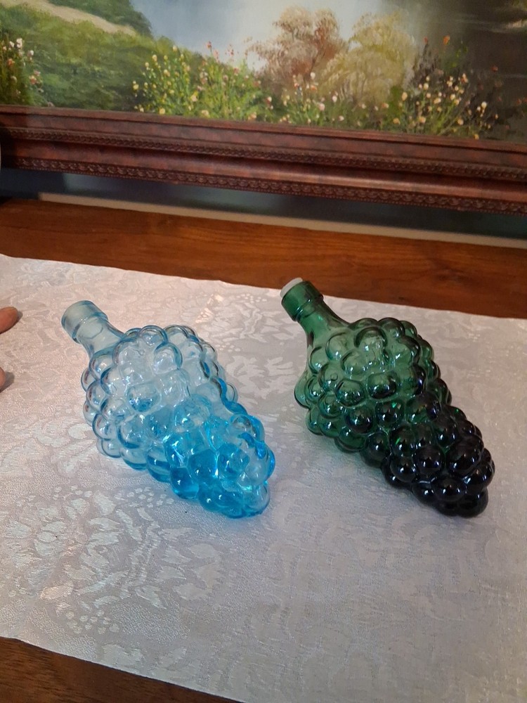 2- Vintage Italian Glass Grape Cluster Wine Decanters 1 Aqua Blue 1 Green