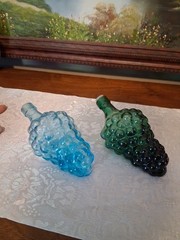 2- Vintage Italian Glass Grape Cluster Wine Decanters 1 Aqua Blue 1 Green