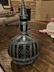 Vintage Elaborate Silvered Copper Wire Filigree Wrapped Green Bottle