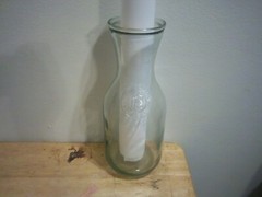 Clear-blue/green Glass Wine Carafe 10&Prime; Vtg Paul Masson Since 1852, bldg on front