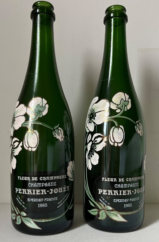 1985 VINTAGE HAND-PAINTED PERRIER-JOUET CHAMPAGNE BOTTLES-A PAIR