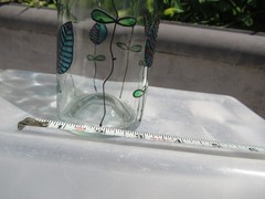 Hand Painted Empty Clear Wine Bottle, Leaves Shades of Blue, Green and Purple