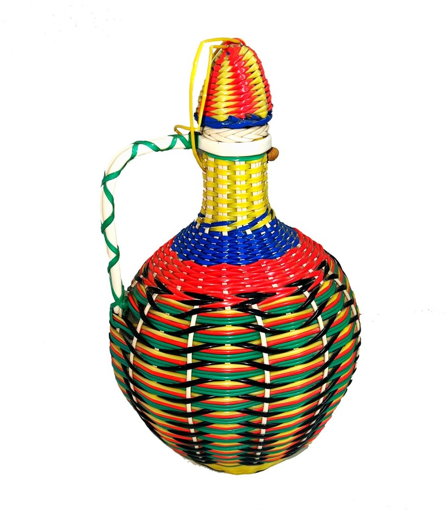 Vintage Viresa Scoubidou Colorful Wine Bottle Plastic Woven Wicker Spain 60-70s