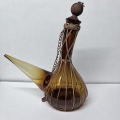 Vintage 10 1/4” Amber Glass Wine Decanter W Spout Rattan Trim & Wood Stopper