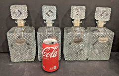 4 Old MCM 1960s Square Clear Glass Diamond Point Bottle Whiskey Gin Scotch Vodka