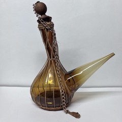 Vintage 10 1/4” Amber Glass Wine Decanter W Spout Rattan Trim & Wood Stopper