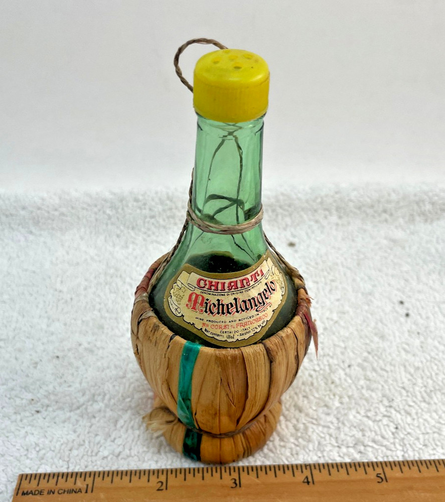 VTG Michelangelo Chianti Mini Wine Salt Shaker Raffia Bottle 5.5&Prime;t Empty