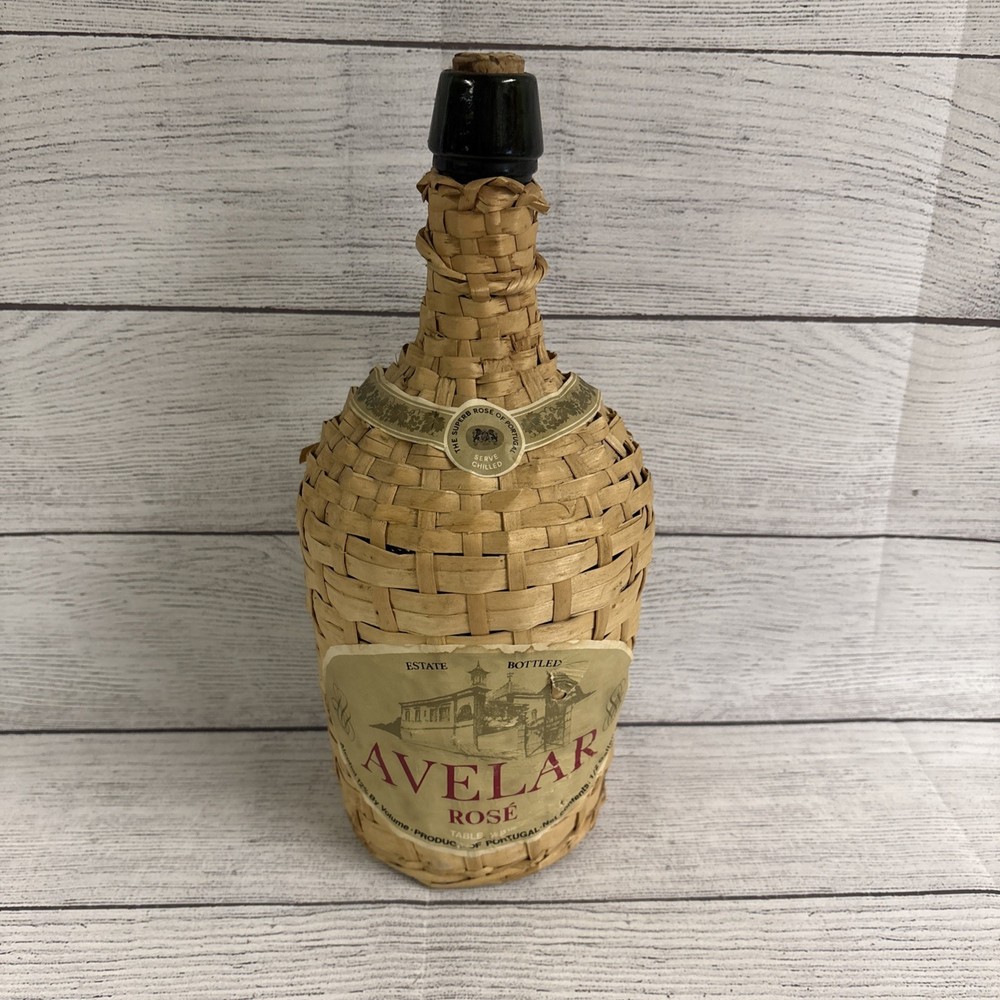 Vintage Wicker Covered Clear Wine Bottle with Rattan Handle Avelar Rose!!!