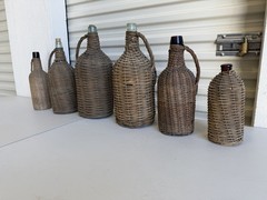 6 Bottles Antique Wicker Wrapped Glass Bottles Lot Handles Tall French Farmhouse