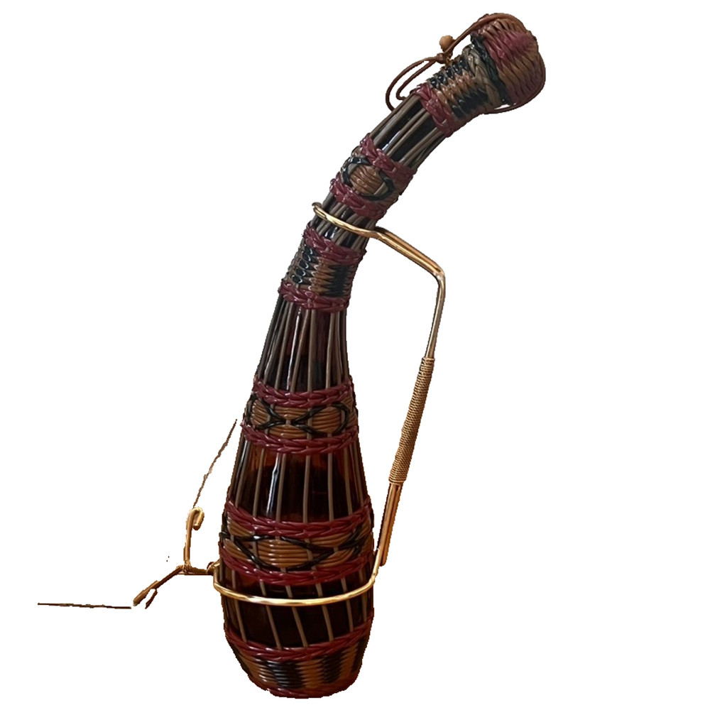 Vintage Plastic Wicker Wrapped Wine Bottle Decanter Iberia 60’s Red Brown Black