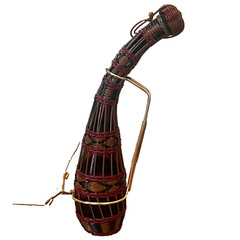 Vintage Plastic Wicker Wrapped Wine Bottle Decanter Iberia 60’s Red Brown Black