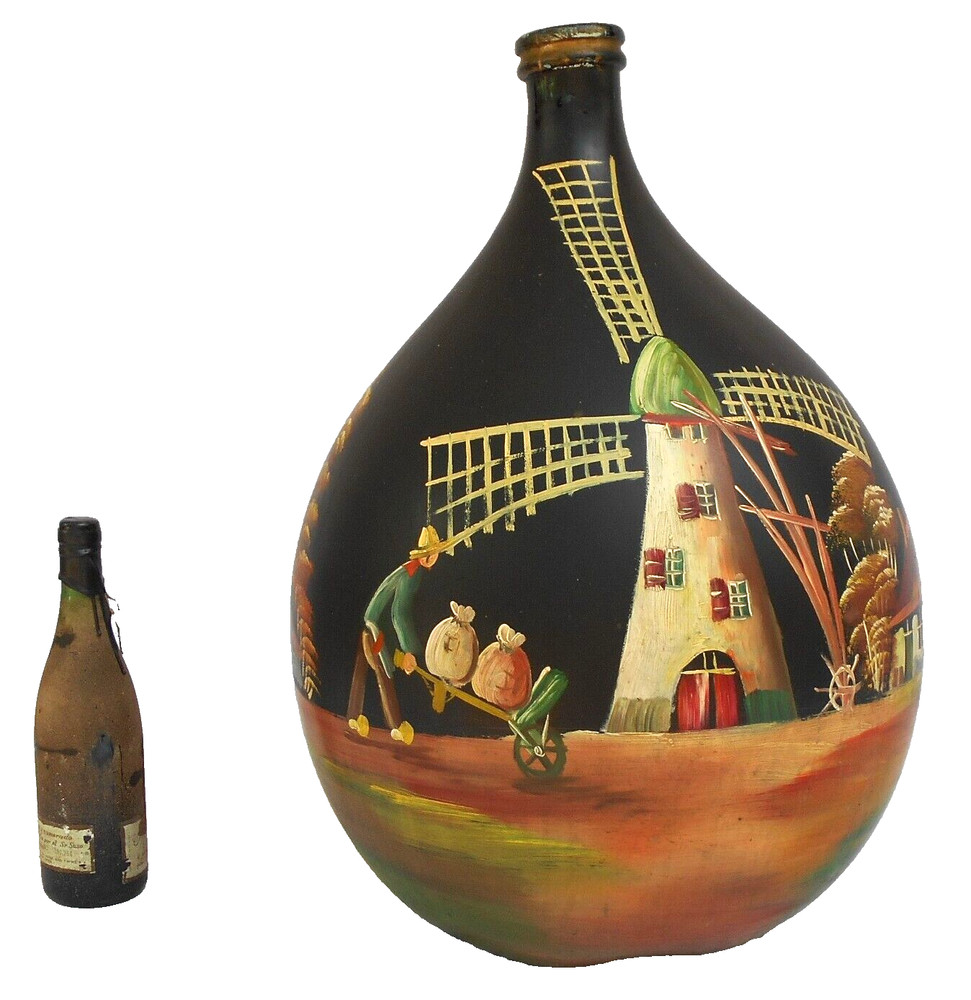 Demijohn French XX Large wine 30 L .Bottle Custom painted windmill on it 1960&rsquo;s