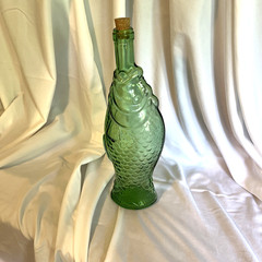 1960-70s Vintage Green Glass Italian Fish Shaped Wine Bottle Decanter w/Cork 13&Prime;