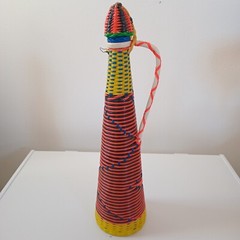 Vintage 60s MCM Viresa Spain Scoubidou Plastic Wicker Wrapped Wine Bottle Boho