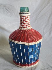 Vintage Viresa Demijohn Wine Bottle Scoubidou Woven Plastic Wicker Jug 1L 1960s