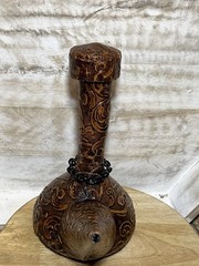 VTG Spanish Wine Decanter Tooled Leather Glass W/ Chain & Cork 10×9 MCM 1970s