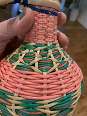 Vintage Green Viresa Glass Bottle Wrapped In Colorful Plastic Wicker 9.5” Tall