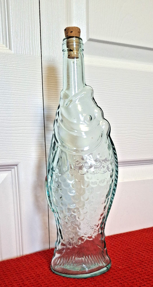 Vintage Aqua Clear Glass Fish Shaped Decanter Wine Bottle w/ Cork Made in Italy