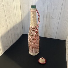 Vintage Plastic Wicker Wrapped Wine Bottle Decanter Mid Century Bohemian Style