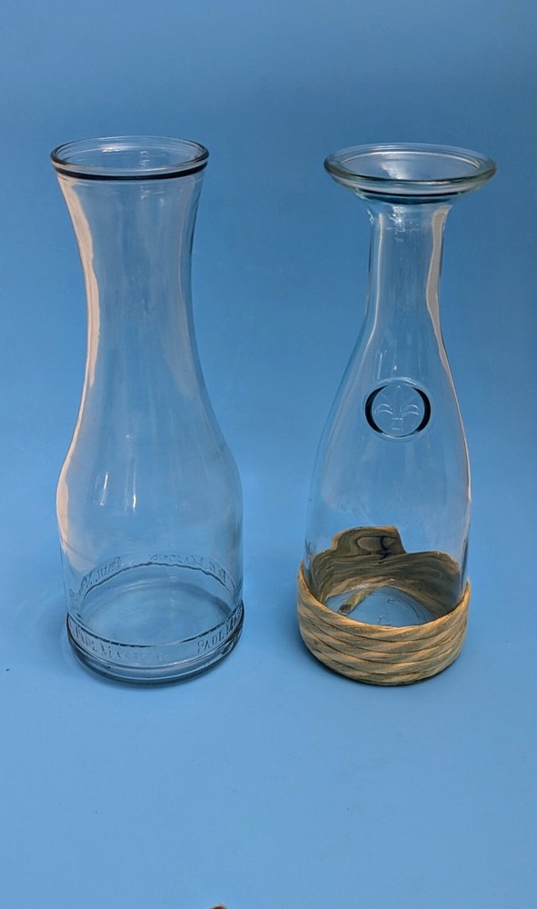 2 Vintage 1L Glass Carafes- Paul Masson & Fleur De Lis Stamp W/Rope Bottom