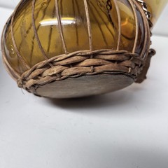 Vintage 10 1/4” Amber Glass Wine Decanter W Spout Rattan Trim & Wood Stopper