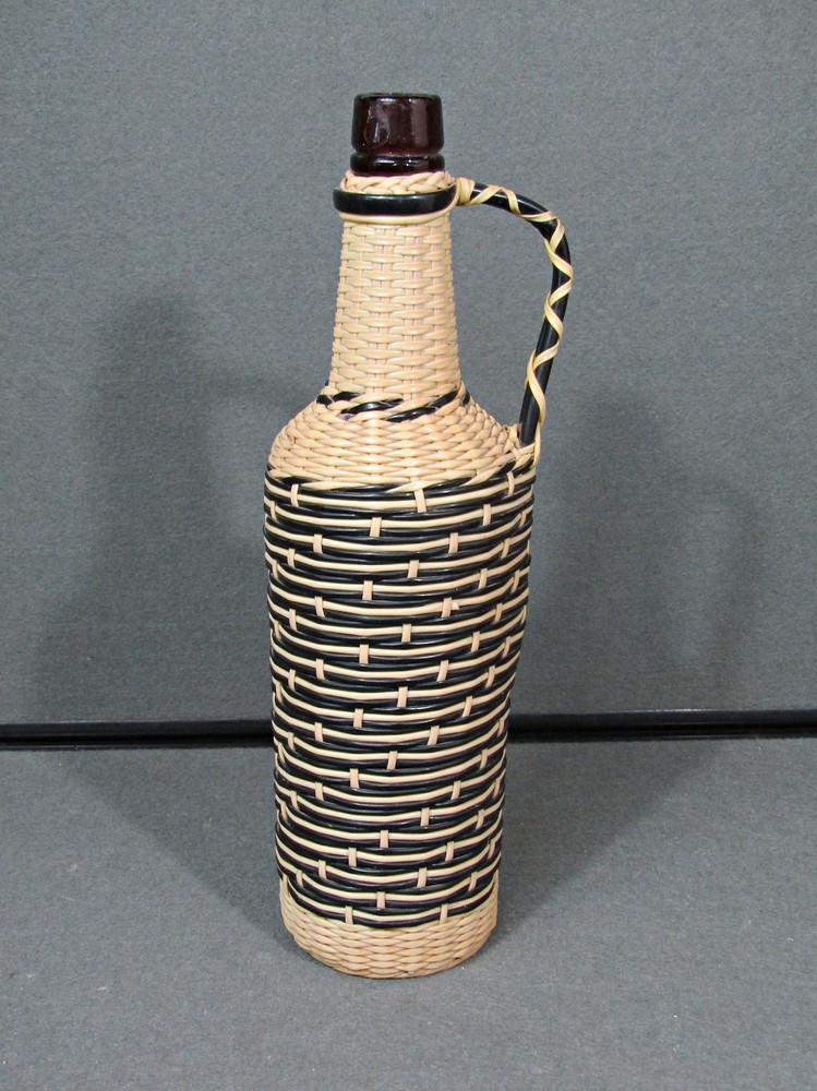 Vintage 70s Plastic Tube Weave Black & White Glass Bottle