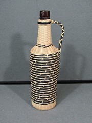 Vintage 70s Plastic Tube Weave Black & White Glass Bottle