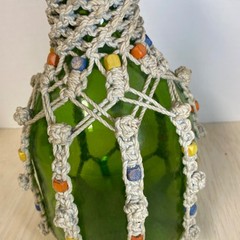 VTG MCM Macrame Green Glass Bottle Wood Beads Boho 12” Retro 70s Genie