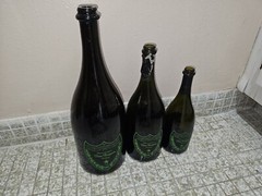 3 Empty dom perignon champagne bottle, 3 Different Size JEROBOAM, Magnum, Brut