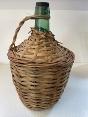 Vtg Wicker Wrapped Demijohn De Muller Viresa Spain Green Glass Wine Bottle 13”H*