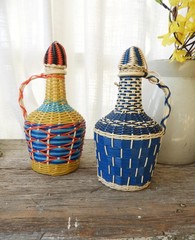 MCM 2 Colorful Plastic Wrapped Glass Bottles|Viresa Demijohn Spain J. Albinana H