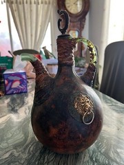VTG Italian Green Glass Leather Wrapped Decanter Wine Bottle Galleon 12 in