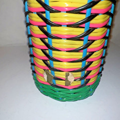 Vintage Viresa Plastic Wicker Wrapped Wine Bottle Boho Chic Spain colorful 15&Prime; H