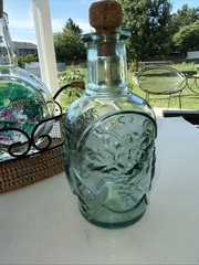 Set Of 3 Glass Embossed Grape Motif WINE Bottles With Basket Corks 7.75” To 9.5”