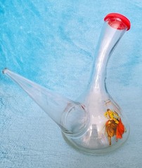 Spanish Porrón Wine Bottle Decanter Carafe Hand-blown Glass Bull-Fighter Decals