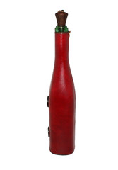 VTG MCM Wrapped Wine Bottle w/ Cork Medallion Red Vinyl Green Glass Empty 15.5&Prime;
