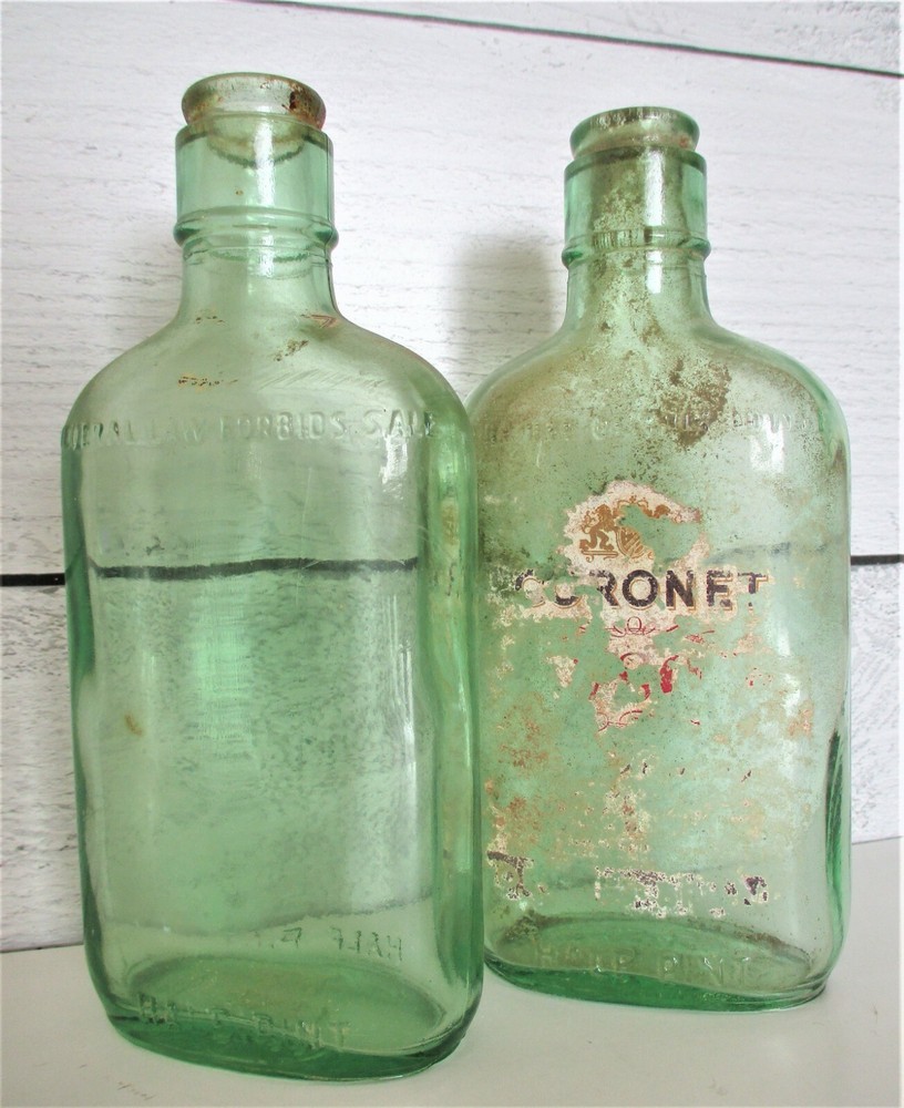 2 Vintage Coronet Schenley Brandy Half Pint Bottles Liquor Green Aqua Glass