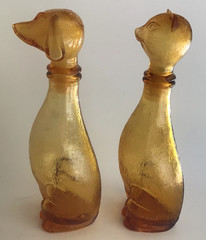 Empoli Figural Cat Dog Amber Glass Carafe Decanter Genie Bottle Pair MCM 1960s