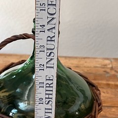 Vintage Demijohn Wine Bottle With Wicker Basket 14&Prime; Emerald Green Glass