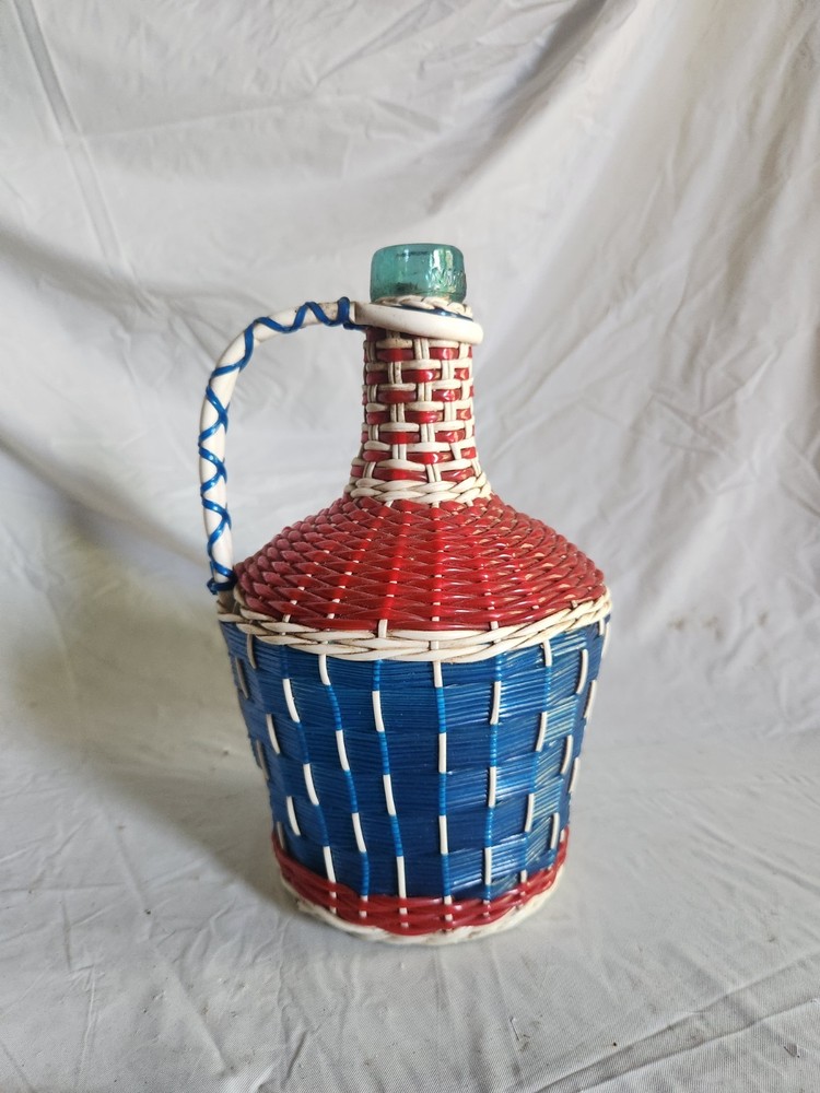 Vintage Viresa Demijohn Wine Bottle Scoubidou Woven Plastic Wicker Jug 1L 1960s