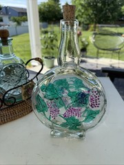 Set Of 3 Glass Embossed Grape Motif WINE Bottles With Basket Corks 7.75” To 9.5”