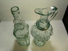 Vintage (2) Embossed Aqua Green Glass Ewer / Decanters 11.75&Prime; (Pinord) Excellent