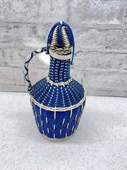 MCM Viresa Scoubidou Woven Blue Wicker Demijohn Wine Bottle Jug with Handle