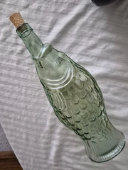 Vintage Fish Shaped Green Glass Wine Bottle 13” Tall Light Green Glass w/Cork