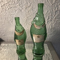 2 Vintage Decanter Fish Shaped Glass 13&Prime; & 10” Green Italian Wine Bottle 70s