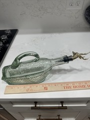 Vintage Wine Bottle Decanter Basket Pattern Greenish Hue With Deer Stopper