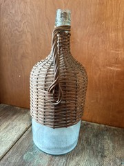 Vintage French Wicker & Aqua Glass Demijohn With Handle