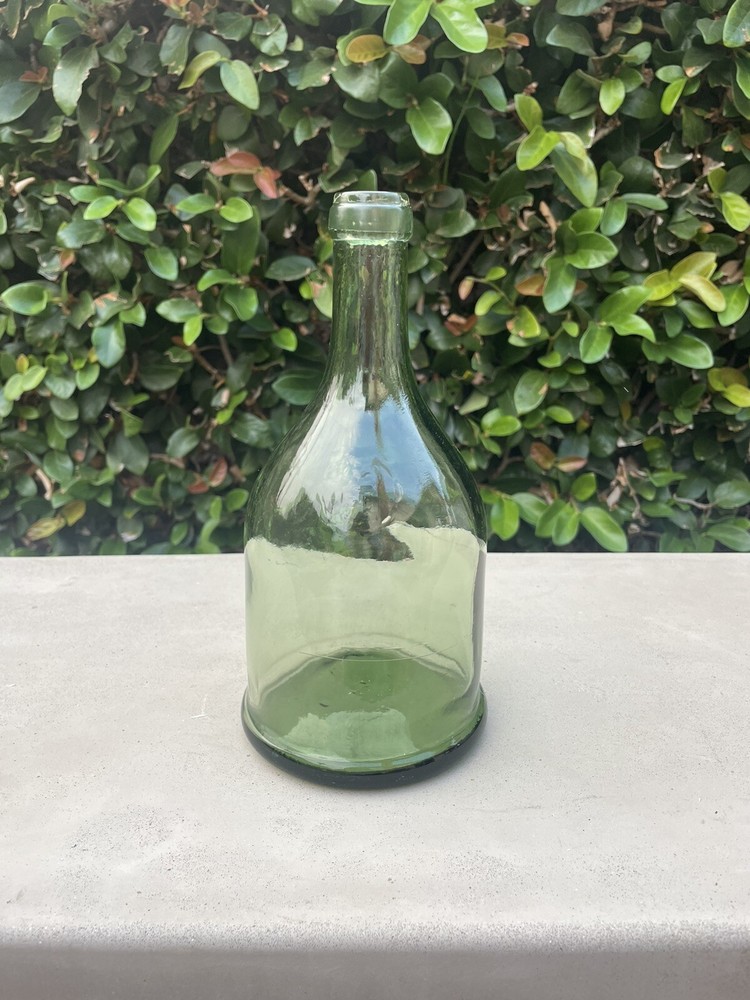 Vintage pressed green glass wine bottle, Embossed seal, Unique Shape￼
