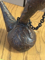 Vintage Tooled Leather Covered Wine Decanter 8” Tall Liquor MCM Oil See Photos